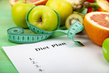 Food and sheet of paper with a diet plan