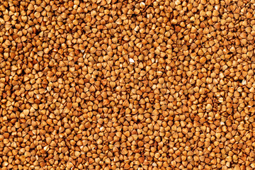 Macro image of buckwheat grain as a natural vegan food background. Top view