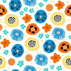 Seamless pattern with decorative flowers in scandinavian style. Perfect for kids fabric, textile, nursery wallpaper. Vector Illustration. Pastel colors