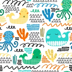 Wallpaper murals Scandinavian style Childish seamless pattern with whale and waves. Scandinavian style. Summer marina background. Perfect for fabric, textile. Vector background. Pastel colors