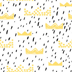 Baby seamless pattern with crowns and dots painted with a brush. Cute baby and little princess design. Children's room wallpaper and clothes texture. Scandinavian style. Black and white.