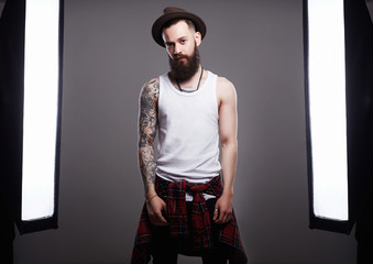 Handsome Bearded Man in Hat, photostudio