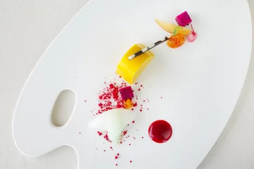 Fotobehang   Top view of beautiful elegant dessert served on the table © triocean