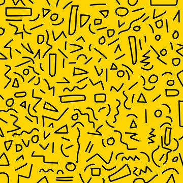 Hand draw black geometric memphis pattern 80's-90's styles on yellow background.