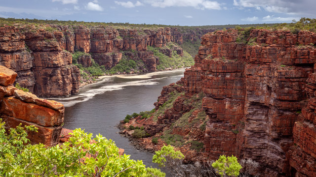 Landscape view looking into the gorge and tidal inlet below the twin falls on the King George River, Kimberley, Australia