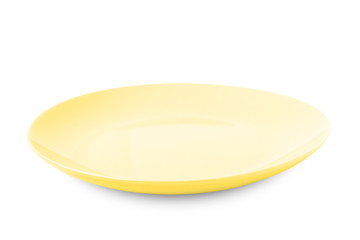 Yellow plate isolated on white background.