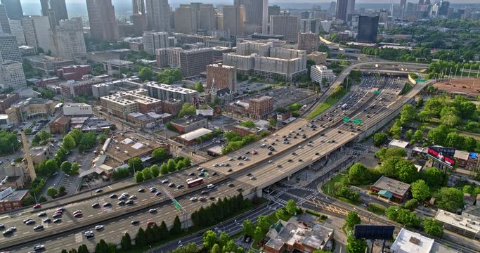 Atlanta Aerial v440 Cityscape view panning down looking over freeway interstate 5/18