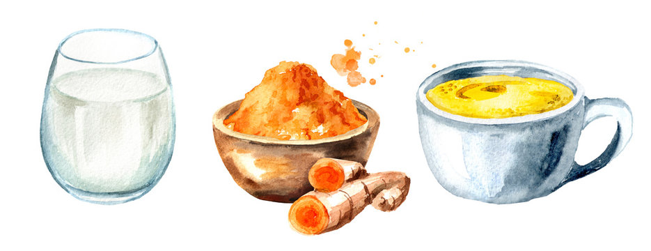 Golden Milk ingredients. Watercolor hand drawn illustration, isolated on white background