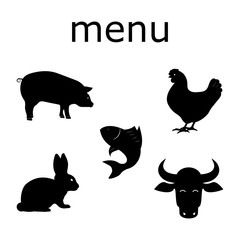 Silhouette of rabbit, pig, cow, fish, chicken. Restaurant menu.