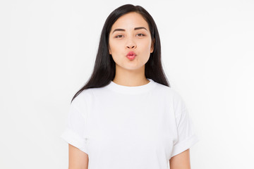 Young asian girl kiss isolated on white background. Copy space. Mock up. Summer woman clothes blank template white t shirt. Skin care