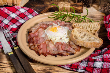 Plate of breakfast with fried eggs, bacon and bread.