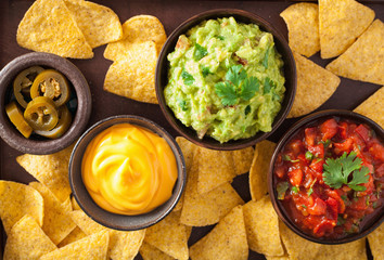 mexican nachos tortilla chips with guacamole, salsa and cheese dip
