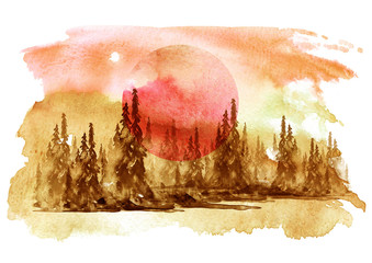 Watercolor drawing, illustration. Forest landscape, fir, pine, tree, cedar, orange sky, sun, sunset, sunrise. Splash paint, abstract illustration. Art painting. Winter, autumn landscape.