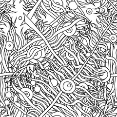 Monochrome seamless pattern with abstract waves and leaves
