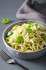 spaghetti pasta with avocado basil pesto sauce