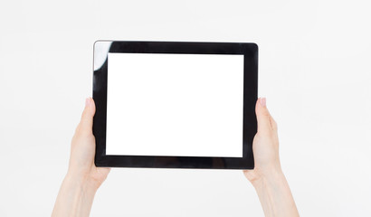 Hand holding black tablet isolated on white clipping path inside. Top view.Mock up.Copy space.Template.Blank.
