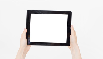 Hand holding black tablet isolated on white clipping path inside. Top view.Mock up.Copy space.Template.Blank.
