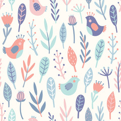 Obraz premium Cute birds and plants. Vector hand drawn seamless pattern. Perfect for textile design