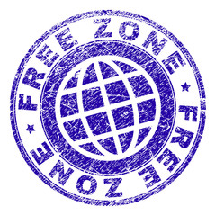 FREE ZONE stamp print with grunge texture. Blue vector rubber seal imprint of FREE ZONE label with grunge texture. Seal has words arranged by circle and planet symbol.