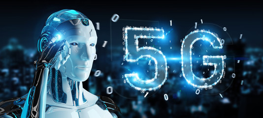 White cyborg using 5G network digital hologram 3D rendering