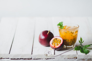 Passion fruit juice In a glass bottle white background