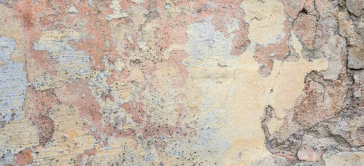 Old Wall With Peel Grey Stucco Texture. Retro Vintage Worn Wall Background. Decayed Cracked Rough Abstract Banner Surface.