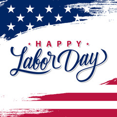 USA Labor Day greeting card with brush stroke background in United States national flag colors and hand lettering text Happy Labor Day. Vector illustration. - obrazy, fototapety, plakaty