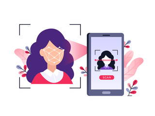 Smartphone scans a woman face. Biometric identification. Facial recognition system concept. Mobile app for face recognition. Ultraviolet flat vector illustration.