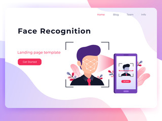 Smartphone scans a man face. Biometric identification. Facial recognition system concept. Mobile app for face recognition. Ultra violet flat vector landing page template.