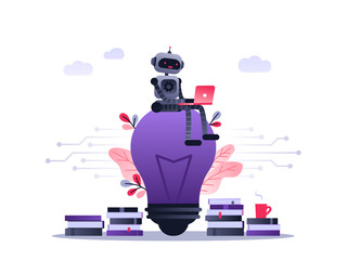 Machine learning algorithm concept with artificial neural network, deep learning. Robot with laptop sitting on big light bulb with stack of books and flowers. Vector ultra violet concept illustration - obrazy, fototapety, plakaty