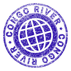 CONGO RIVER stamp print with distress texture. Blue vector rubber seal print of CONGO RIVER label with dust texture. Seal has words placed by circle and globe symbol.