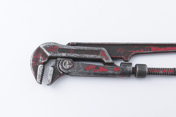 Close Up of Pipe Wrench Head on a White Background