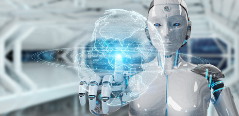 White robot woman using globe network hologram with America Usa map 3D rendering
