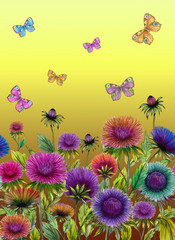 Naklejki  Piękne kolorowe kwiaty aster i jasne motyle na żółtym tle. Kwiatowy wzór. Malarstwo akwarelowe. Ręcznie rysowane i malowane ilustracja.