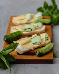 sandwich  (cheese, bread, cucumbers, mint). food background