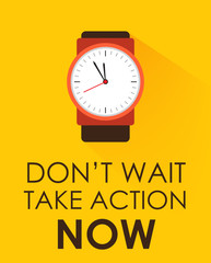 Take Action Now and Dont Wait. Stopwatch clock ticking on dark yellow background.