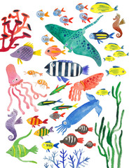 Obraz premium watercolor collection of sea fish. Underwater world, fish, sharks, stingrays, corals