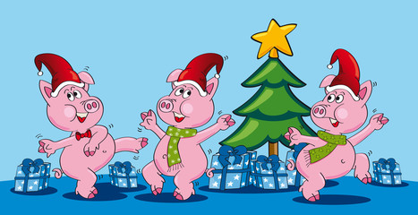 tanzende Schweine vor Tannenbaum - cartoon-IT