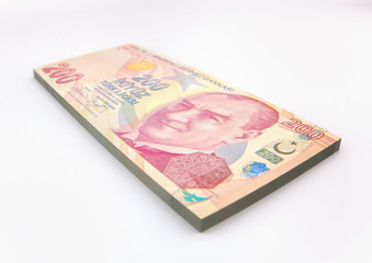 A mixture of Turkish Lira Currency, 3D Illustration on a white background.