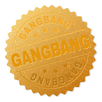 GANGBANG gold stamp badge. Vector golden medal with GANGBANG text. Text labels are placed between parallel lines and on circle. Golden skin has metallic effect.