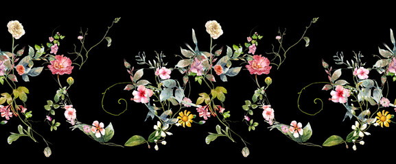 Aquarellmalerei von Blättern und Blumen, nahtloses Muster auf dunklem Hintergrund © photoiget
