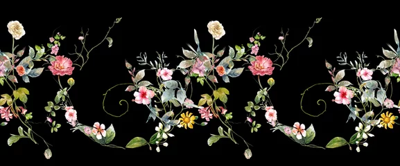 Aquarellmalerei von Blättern und Blumen, nahtloses Muster auf dunklem Hintergrund © photoiget