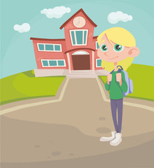 Obraz na płótnie Canvas girl with a backpack on the background of the school. vector illustration