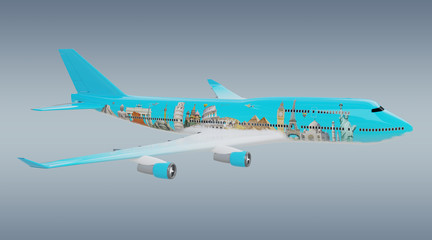 Plane with famous landmarks of the world 3D rendering