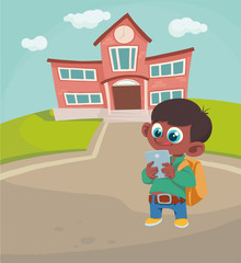 Naklejka premium boy with a backpack and a tablet on the background of the school. Vector illustration