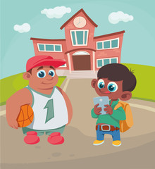 set of pupils on the background of school, vector