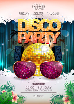 Disco background. Disco ball summer party poster