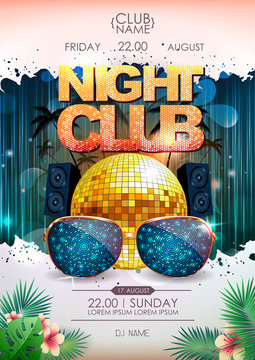 Disco background. Disco ball summer party poster. Night club