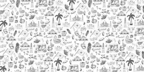 Travel to India. Indian Hand drawn doodles on background. Vector illustration.