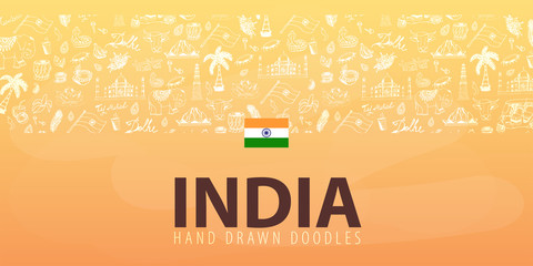 Travel to India. Indian Hand drawn doodles on background. Vector illustration.